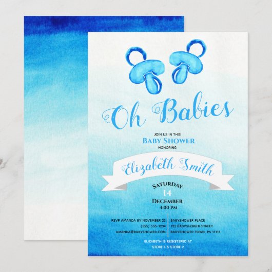 Twin baby boy watercolor babyshower kaart (Voorkant / Achterkant)