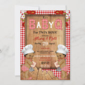 Twin Baby Boys Red Gingham Wood Baby Q Barbecue Kaart (Voorkant)