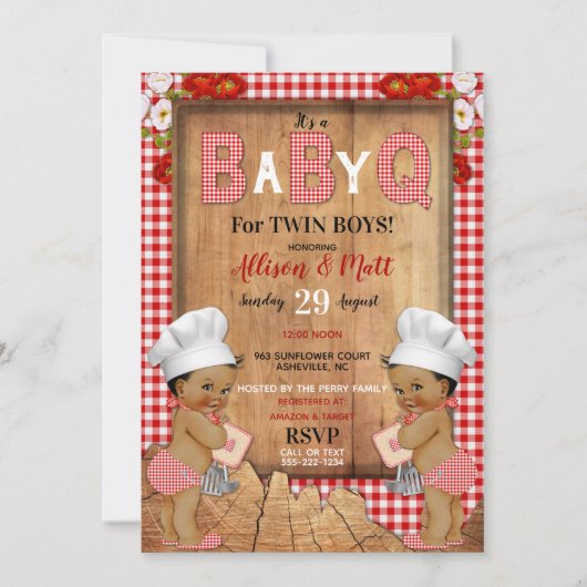 Twin Baby Boys Red Gingham Wood Baby Q Barbecue Kaart (Voorkant)