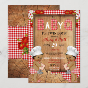 Twin Baby Boys Red Gingham Wood Baby Q Barbecue Kaart
