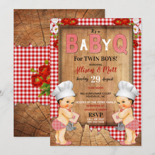 Twin Baby Boys Red Gingham Wood Baby Q Barbecue Kaart