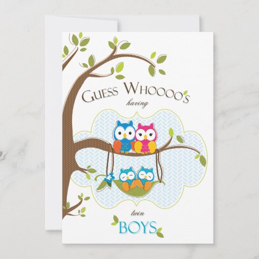 Twin Baby Boys Shower Invitation - Owl Family Kaart (Voorkant)