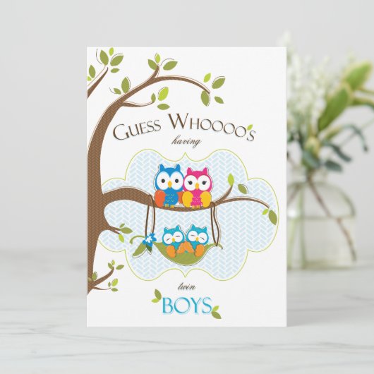 Twin Baby Boys Shower Invitation - Owl Family Kaart (Staand voorkant)