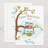 Twin Baby Boys Shower Invitation - Owl Family Kaart (Voorkant / Achterkant)
