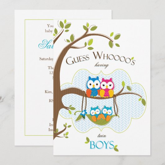 Twin Baby Boys Shower Invitation - Owl Family Kaart (Voorkant / Achterkant)