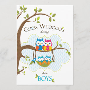 Twin Baby Boys Shower Invitation - Owl Family Kaart