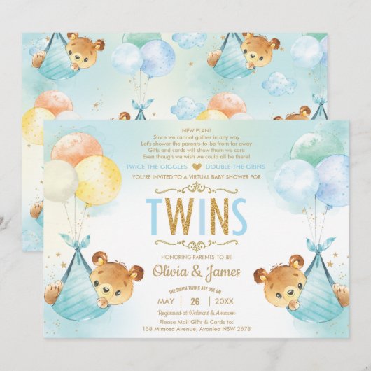 Twin Baby Boys Teddy Bears Baby shower per post Kaart (Voorkant / Achterkant)