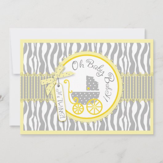 TWIN Baby Carriage, Zebra Print Yellow Baby shower Kaart (Voorkant)