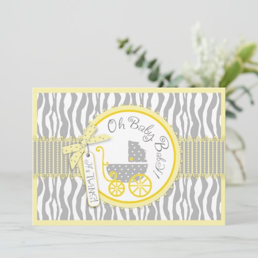 TWIN Baby Carriage, Zebra Print Yellow Baby shower Kaart (Staand voorkant)