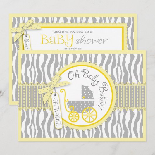 TWIN Baby Carriage, Zebra Print Yellow Baby shower Kaart (Voorkant / Achterkant)