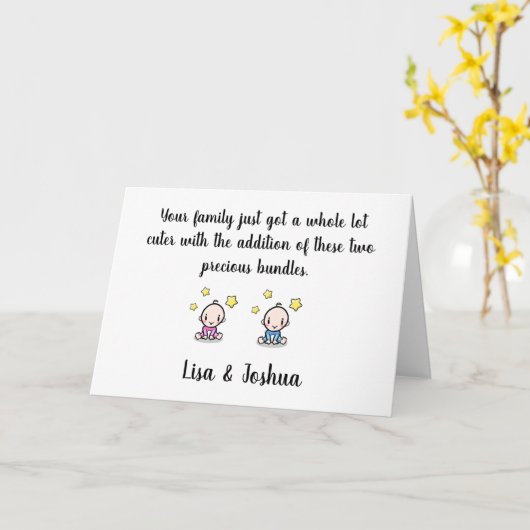 twin baby felicitatiewenskaart, meisje & jongen tw kaart (Gele Bloem)