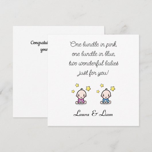 Twin Baby Gefeliciteerd met namen, Meisje & Jongen Kaart (Voorkant / Achterkant)