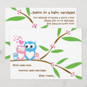Twin Baby Girl and Boy Owl Baby shower Invitation Kaart (Voorkant / Achterkant)