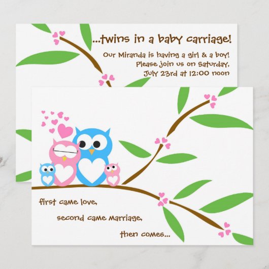 Twin Baby Girl and Boy Owl Baby shower Invitation Kaart (Voorkant / Achterkant)