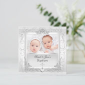 Twin Baby Girl Boy Christening Baptism White Aankondiging (Staand voorkant)