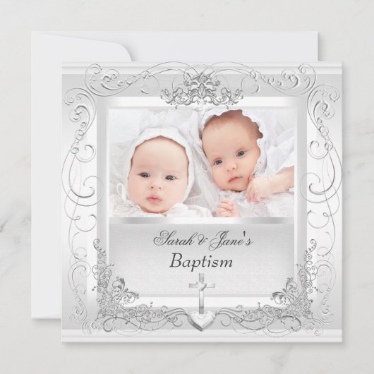 Twin Baby Girl Boy Christening Baptism White Aankondiging (Voorkant)