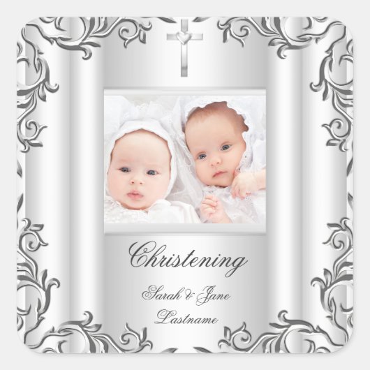 Twin Baby Girl Boy Christening Baptism White Vierkante Sticker (Voorkant)