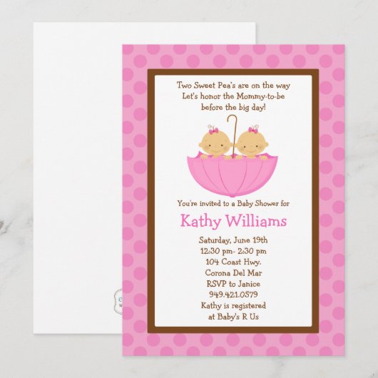 Twin Baby Girl Shower Kaart (Voorkant / Achterkant)