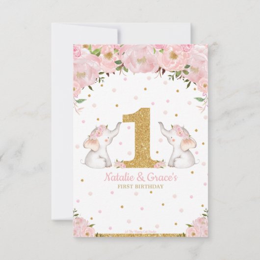 Twin Baby Girls 1e verjaardag Roze Floral Elephant Bedankkaart (Achterkant)