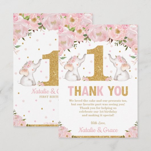 Twin Baby Girls 1e verjaardag Roze Floral Elephant Bedankkaart (Voorkant / Achterkant)