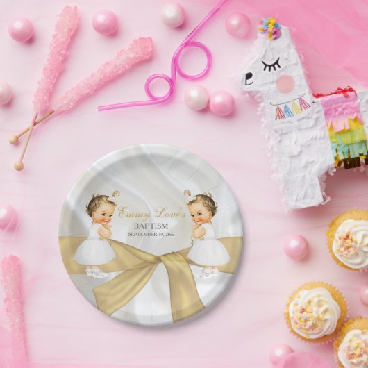 Twin Baby Girls Baptism Christening Gold White Papieren Bordje (Feest)
