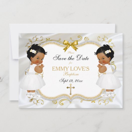 Twin Baby Girls Baptism Save Date White Cross Save The Date (Voorkant)