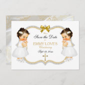 Twin Baby Girls Baptism Save Date White Cross Save The Date (Voorkant / Achterkant)