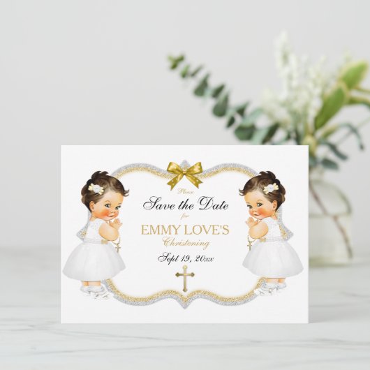Twin Baby Girls Baptism Save Date White Cross Save The Date (Staand voorkant)