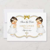Twin Baby Girls Baptism Save Date White Cross Save The Date (Voorkant)