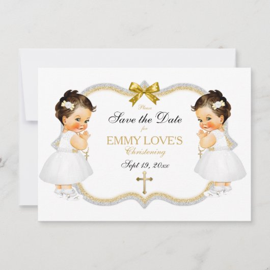 Twin Baby Girls Baptism Save Date White Cross Save The Date (Voorkant)