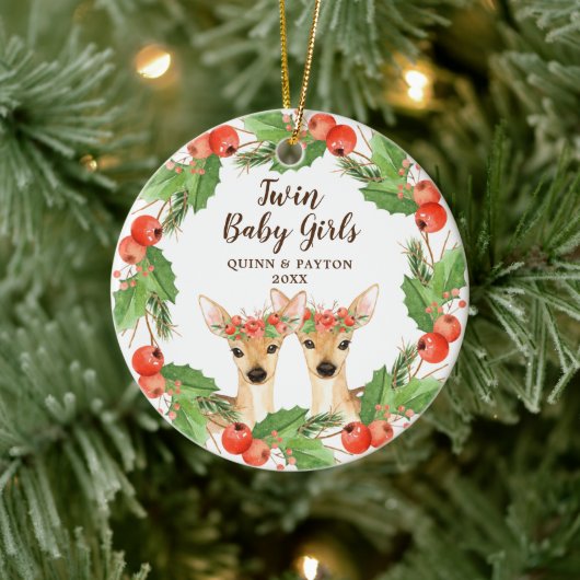 Twin Baby Girls Personalized Woodland Deer Fawns Keramisch Ornament (Boom)
