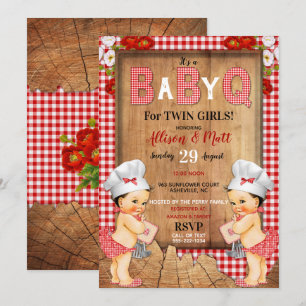 Twin Baby Girls Red Gingham Wood Baby Q Barbecue Kaart