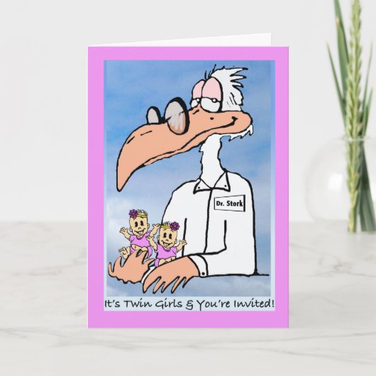 Twin Baby Girls Shower Invitation, Dr Stork (Voorkant)