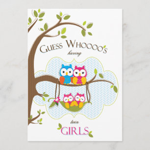 Twin Baby Girls Shower Invitation - Owl Family Kaart