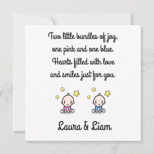 Twin Baby Meisje & Jongen Gefeliciteerd met namen, Kaart