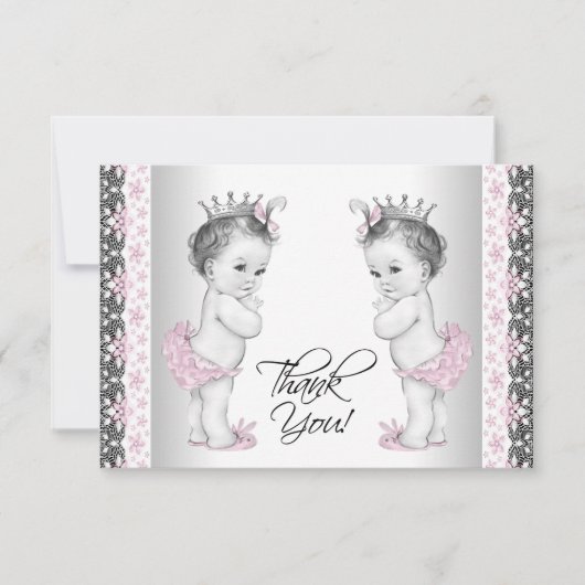 Twin Baby Meisje Prinses Douche Bedankt Kaarten (Voorkant)