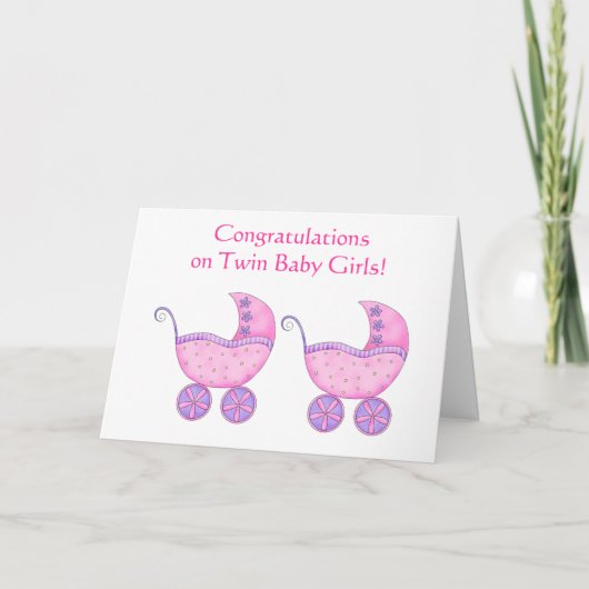 Twin Baby Meisjes Gefeliciteerd Pink Buggy Kaart (Voorkant)
