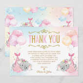 Twin Baby Meisjes Olifant Baby shower Sprinkle Bedankkaart (Voorkant / Achterkant)