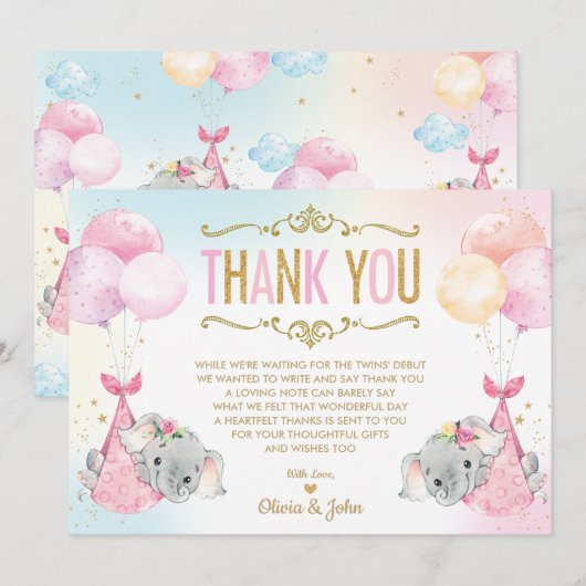 Twin Baby Meisjes Olifant Baby shower Sprinkle Bedankkaart (Voorkant / Achterkant)