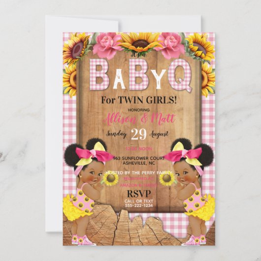 Twin Baby Meisjes Roze Zonnebloem Baby Q Barbecue Kaart (Voorkant)