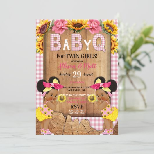 Twin Baby Meisjes Roze Zonnebloem Baby Q Barbecue Kaart (Staand voorkant)