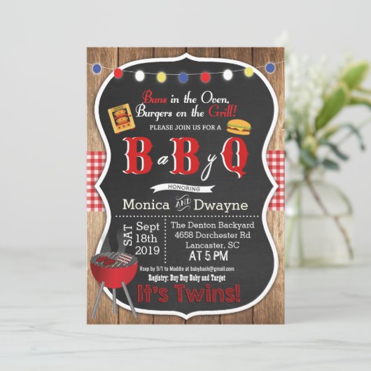 Twin Baby Q BabyQ Couples Douche BBQ Uitnodiging (Staand voorkant)