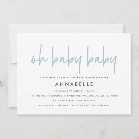 Twin baby shower blauw moderne typografie eenvoudi kaart (Voorkant)