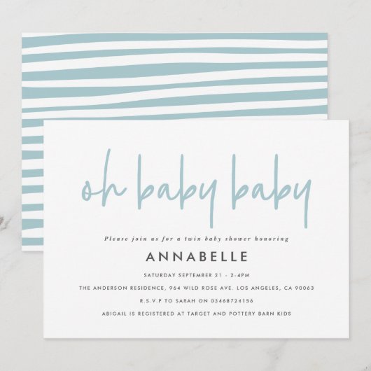 Twin baby shower blauw moderne typografie eenvoudi kaart (Voorkant / Achterkant)