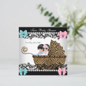 Twin Baby shower Cute Girl Pink Boy Blue Leopard Kaart (Staand voorkant)