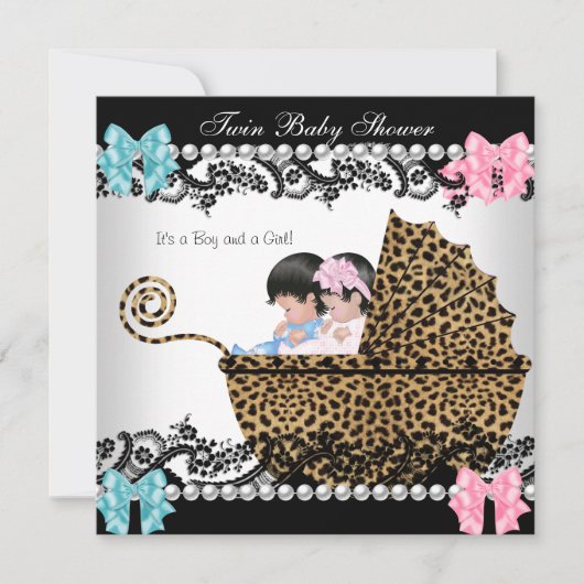 Twin Baby shower Cute Girl Pink Boy Blue Leopard Kaart (Voorkant)