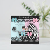 Twin Baby shower Cute Girl Pink Boy Blue Zebra 3 Kaart (Staand voorkant)