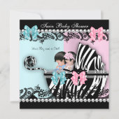Twin Baby shower Cute Girl Pink Boy Blue Zebra 3 Kaart (Voorkant)