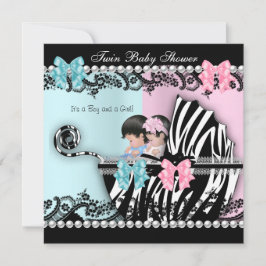 Twin Baby shower Cute Girl Pink Boy Blue Zebra 3 Kaart