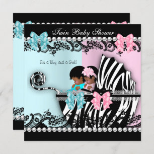 Twin Baby shower Cute Girl Pink Boy Blue Zebra 4 Kaart